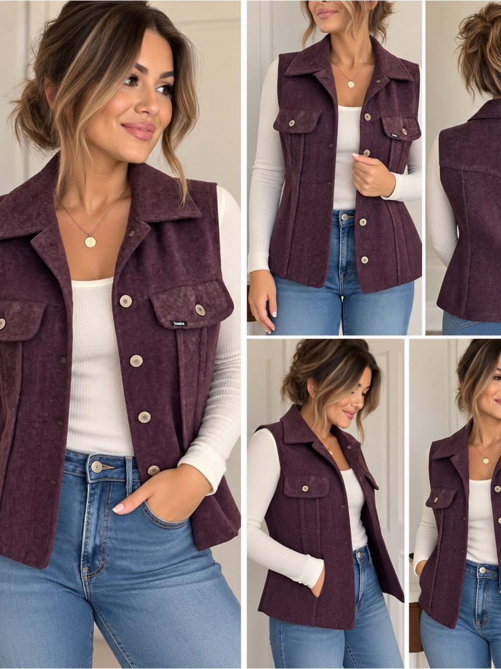 Vintage Metro Basics Plum Wool Blend Longline Utility Vest Size M